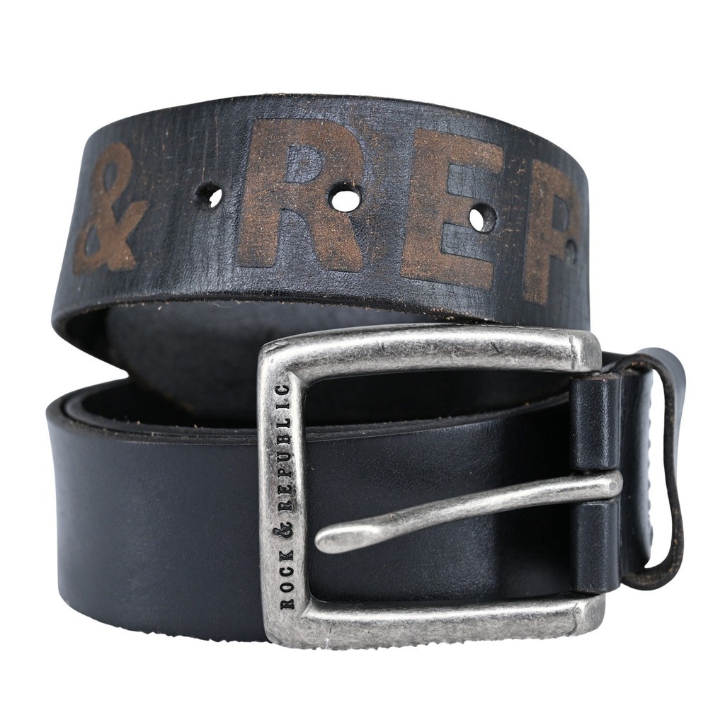 Y2K Rock & Republic Mens Black Leather Belt Distressed Silver Buckle Logo XL 51"